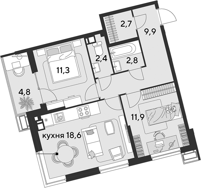 Продается 3-комн. квартира, 59.6 м²