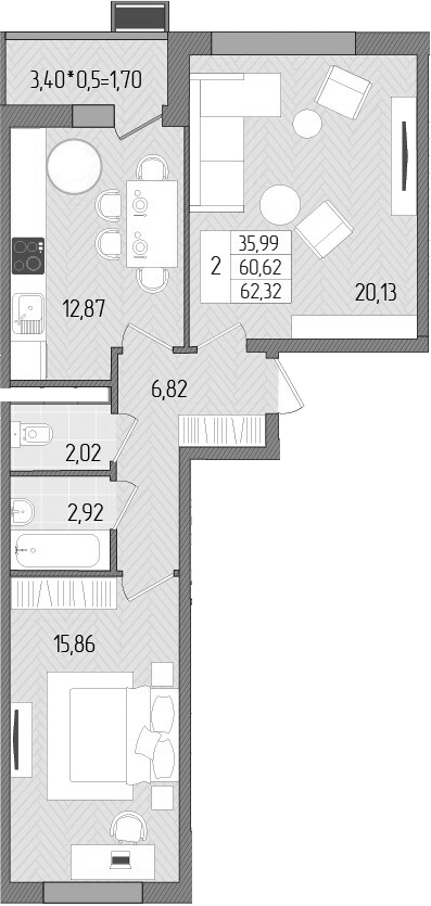2-комн., 60.62 м², 3/8 этаж, ЖК «Сады у моря»