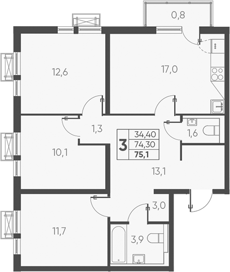 3-комн., 76.17 м², 24/24 этаж, ЖК «Барса»