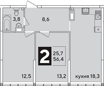 3-комн., 56.4 м², 15/16 этаж, ЖК «Самолет»