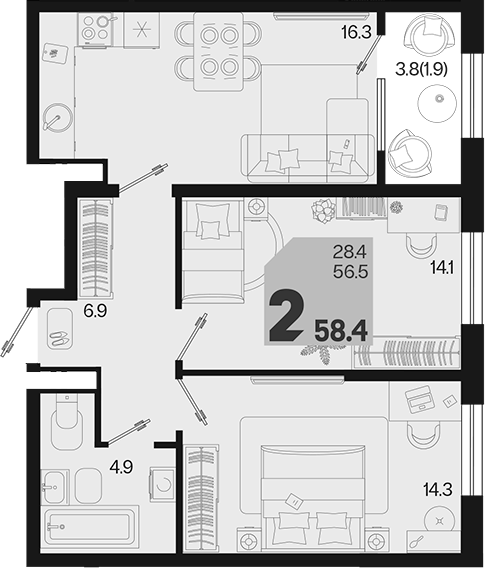 2-комн., 56.5 м², 7/18 этаж, ЖК «Первое место»