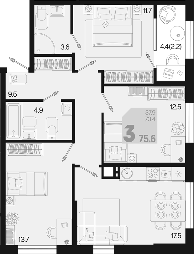 3-комн., 73.4 м², 2/9 этаж, ЖК «Первое место»