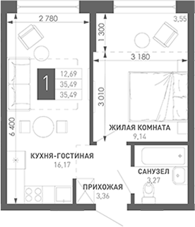 1-комн., 34.15 м², 3/18 этаж, ЖК «Иначе в Молодежном»
