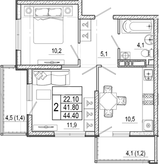 2-комн., 41.8 м², 13/17 этаж, ЖК «Лестория»