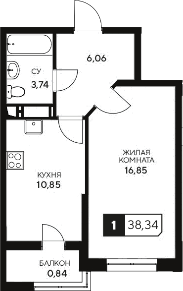 1-комн., 37.5 м², 11/20 этаж, ЖК «Центральный. Гамма»