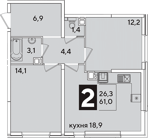 3-комн., 61 м², 5/16 этаж, ЖК «Самолет»