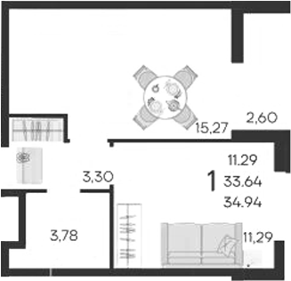 1-комн., 33.64 м², 2/9 этаж, ЖК «Дом 101»