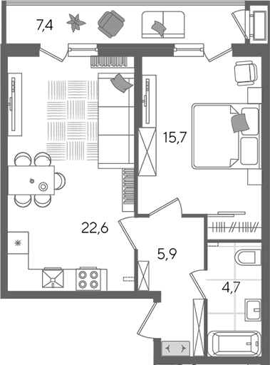 2-комн., 48.9 м², 2/24 этаж, ЖК «Рекорд»