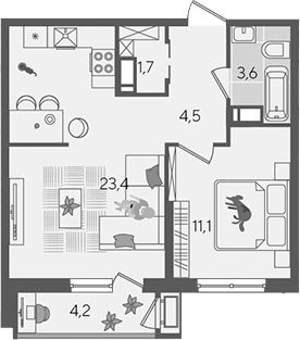 2-комн., 44.3 м², 17/24 этаж, ЖК «Рекорд»