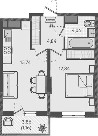 2-комн., 37.46 м², 5/18 этаж, ЖК «Теплые края»