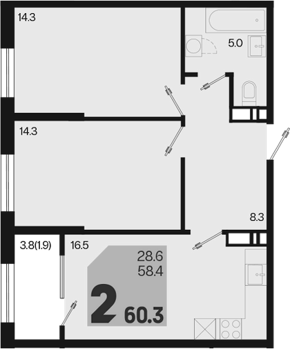 3-комн., 58.4 м², 4/18 этаж, ЖК «Первое место»