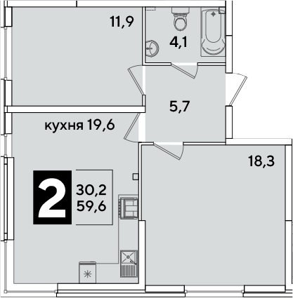 3-комн., 59.6 м², 2/16 этаж, ЖК «Самолет»