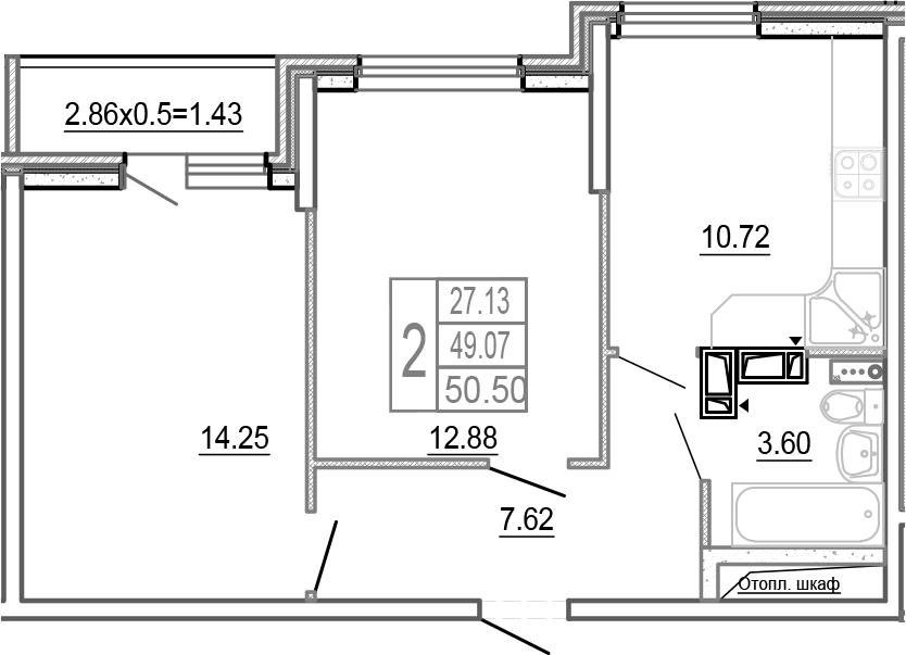 2-комн., 49.07 м², 5/16 этаж, ЖК «Смородина»
