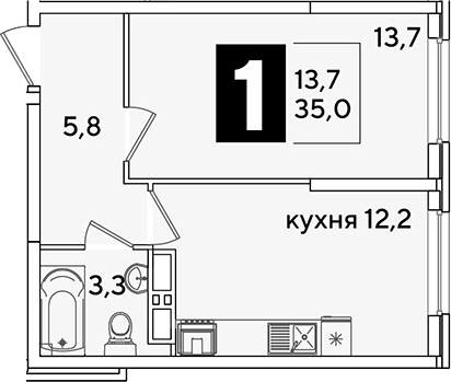 1-комн., 35 м², 13/16 этаж, ЖК «Самолет»