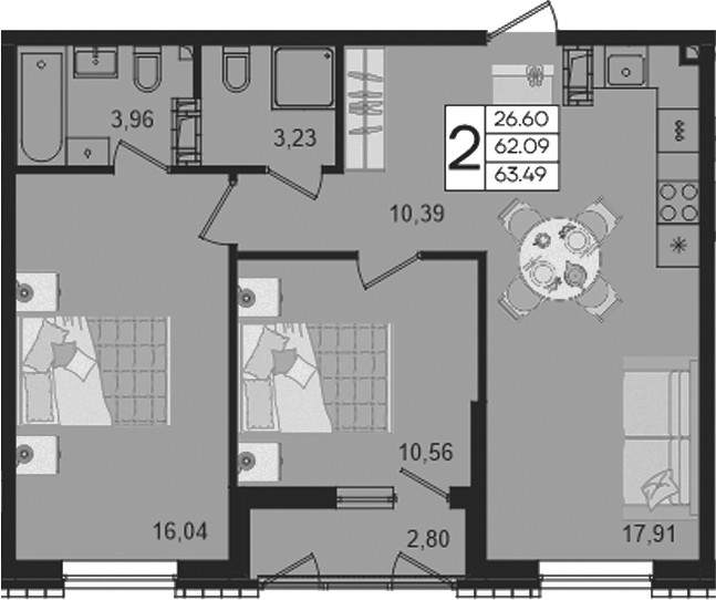 2-комн., 62.09 м², 11/18 этаж, ЖК «Дом 101»