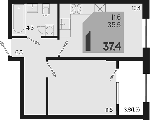 1-комн., 35.5 м², 2/18 этаж, ЖК «Первое место»