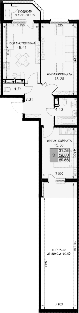 2-комн., 58.21 м², 3/18 этаж, ЖК «Фонтаны»