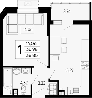 1-комн., 36.98 м², 2/16 этаж, ЖК «Эпос»