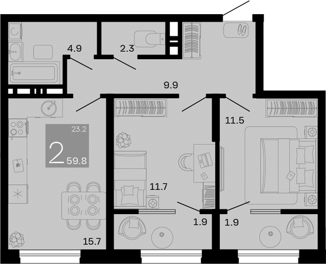 Продается 2-комн. квартира, 56 м²