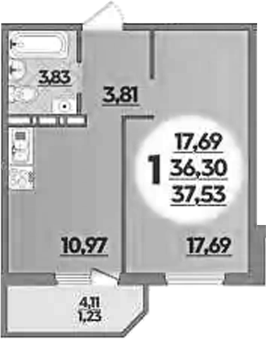 1-комн., 36.3 м², 7/9 этаж, ЖК «Южная долина»