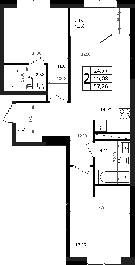 3-комн., 55.08 м², 2/7 этаж, ЖК «Патрики»