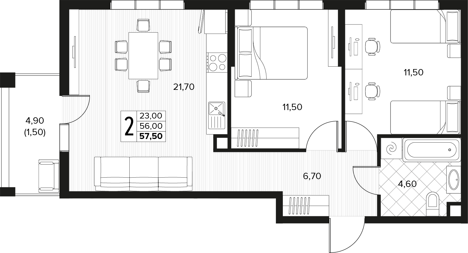 Продается 2-комн. квартира, 55.9 м²