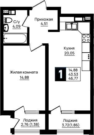 1-комн., 43.53 м², 9/9 этаж, ЖК «Резиденция морей»