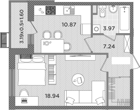 1-комн., 41.02 м², 1/8 этаж, ЖК «Сады у моря»
