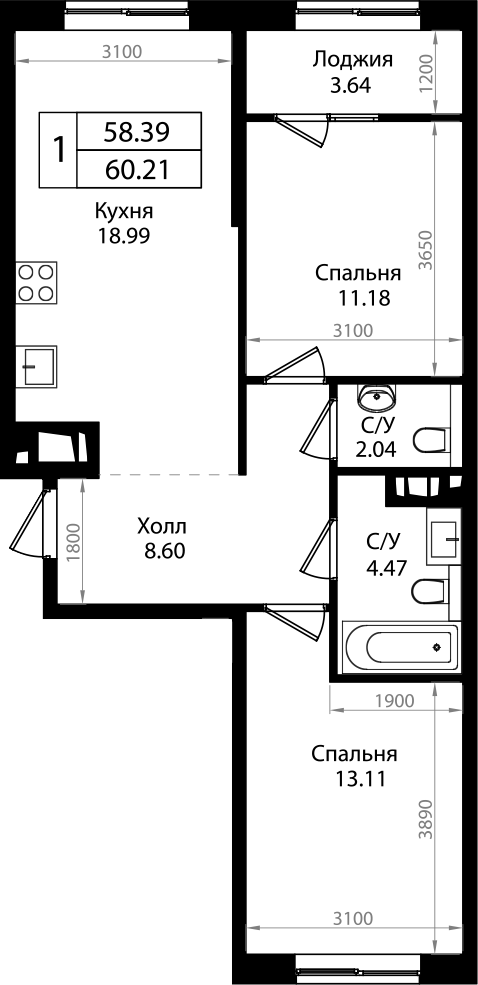 2-комн., 57.73 м², 13/18 этаж, ЖК «Патрики»