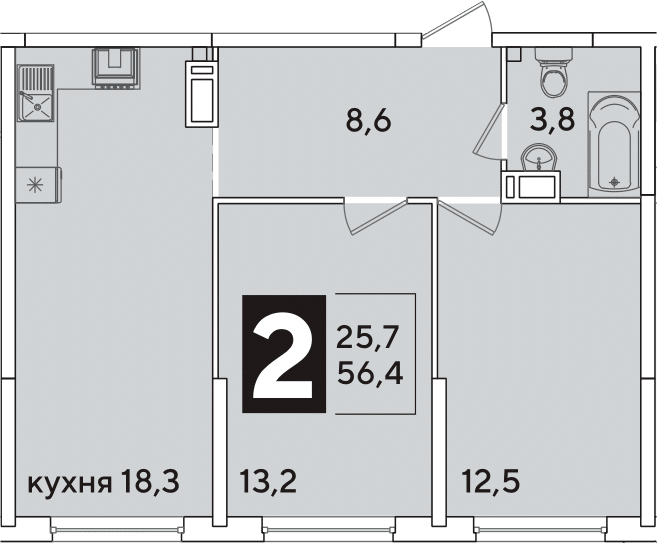 3-комн., 56.4 м², 13/16 этаж, ЖК «Самолет»