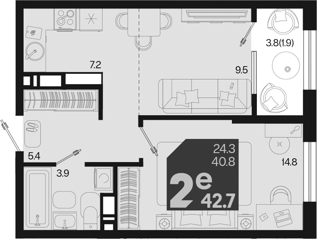 2-комн., 40.8 м², 5/18 этаж, ЖК «Первое место»
