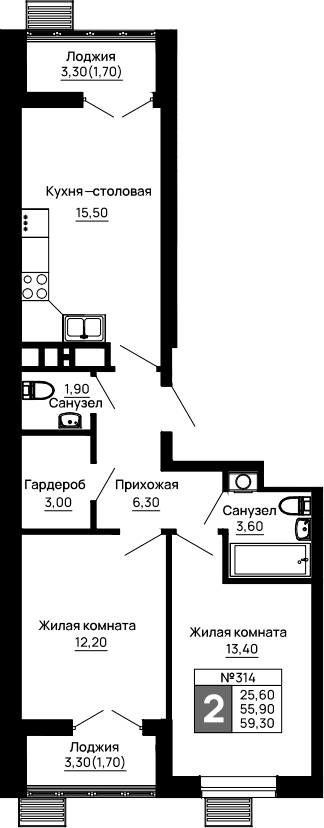 2-комн., 55.9 м², 1/9 этаж, ЖК «Традиции»