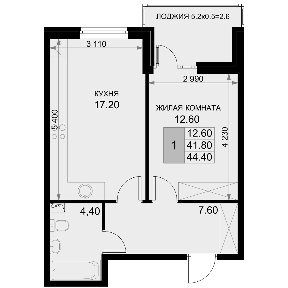 2-комн., 41.8 м², 2/7 этаж, ЖК «История»
