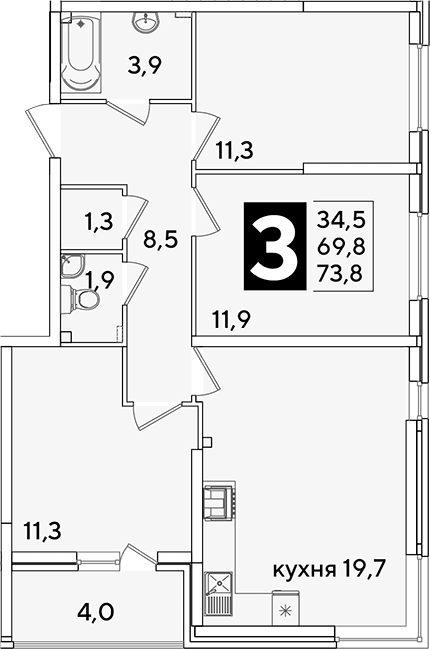 4+ комнаты, 69.8 м², 1/16 этаж, ЖК «Самолет»