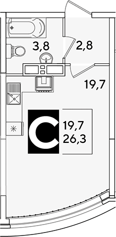 Студия, 26.3 м², 15/16 этаж, ЖК «Самолет»