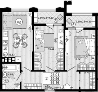 2-комн., 59.56 м², 5/8 этаж, ЖК «Резиденция морей»
