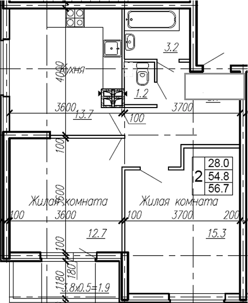 2-комн., 54.8 м², 2/4 этаж, ЖК «Эво»
