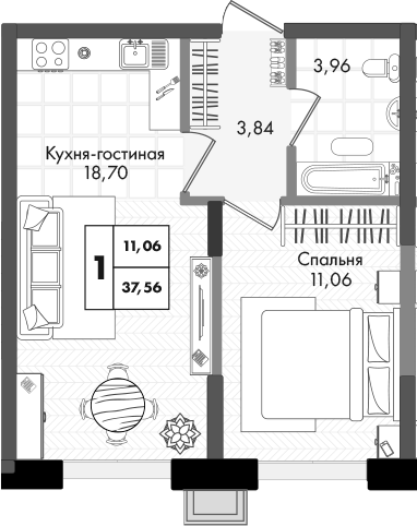 2-комн., 37.56 м², 5/9 этаж, ЖК «Зеленая территория»