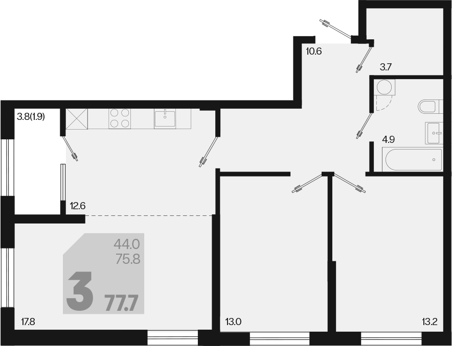 Продается 3-комн. квартира, 75.8 м²
