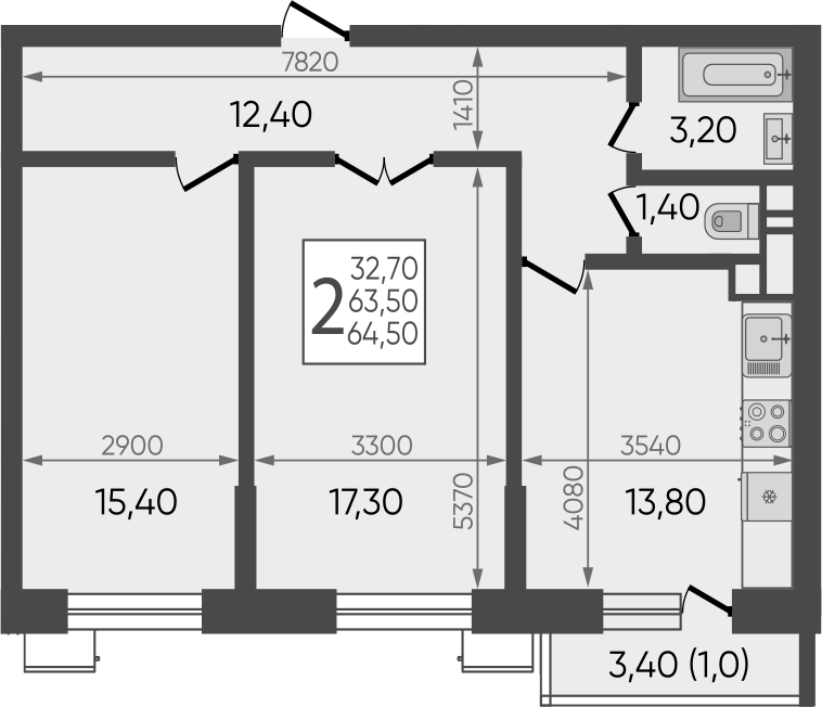 2-комн., 64.52 м², 1/12 этаж, ЖК «Небо»