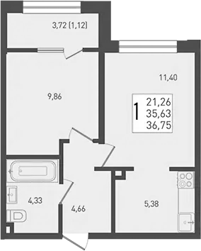 2-комн., 35.63 м², 1/9 этаж, ЖК «Югге»