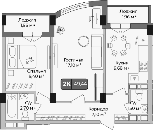 2-комн., 47.48 м², 1/9 этаж, ЖК «Опера»