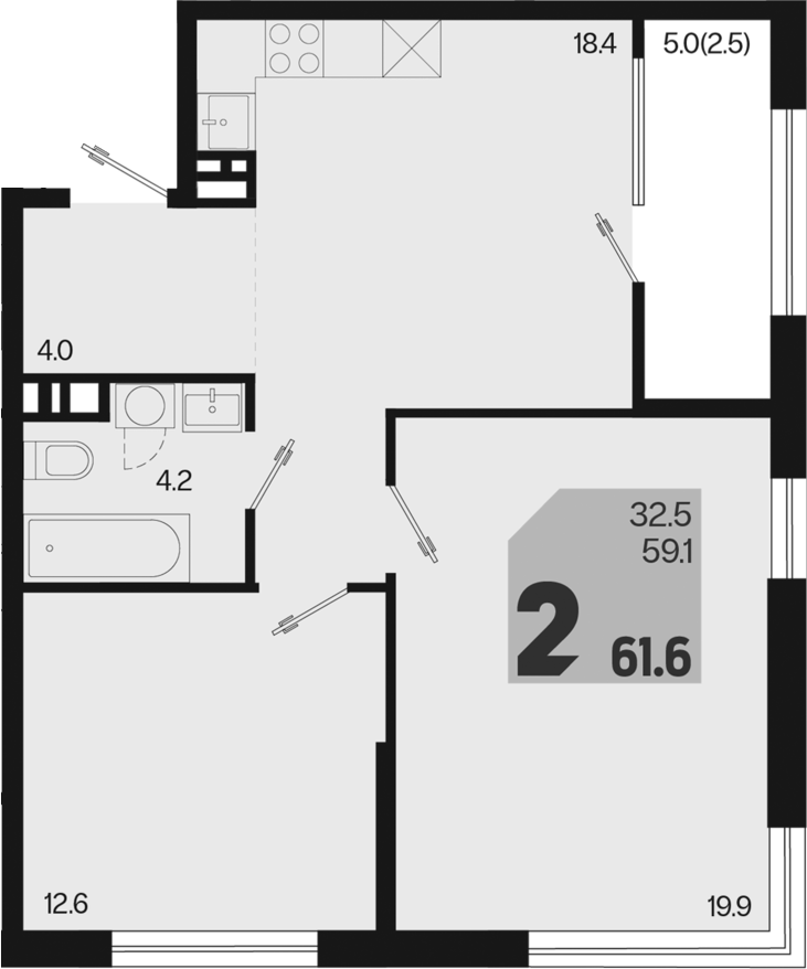2-комн., 59.1 м², 4/9 этаж, ЖК «Первое место»