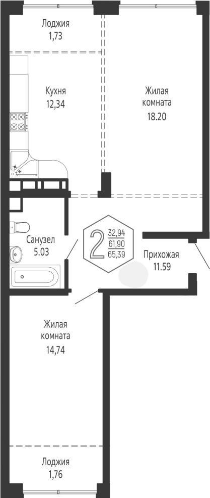 Продается 2-комн. квартира, 61.9 м²