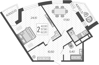 2-комн., 57.9 м², 7/16 этаж, ЖК «Зеленодар»