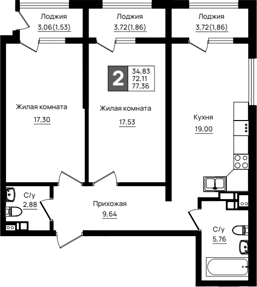 2-комн., 72.11 м², 5/9 этаж, ЖК «Резиденция морей»