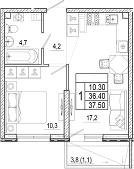 2-комн., 36.4 м², 1/17 этаж, ЖК «Лестория»