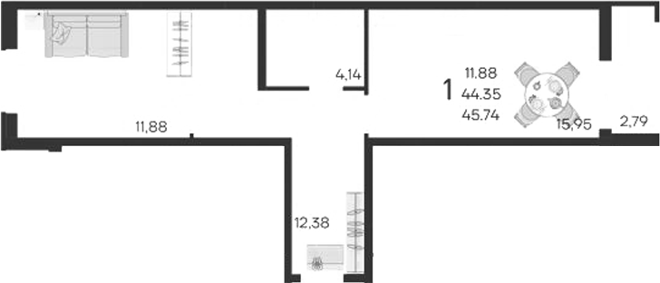 Продается 1-комн. квартира, 44.34 м²