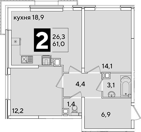 3-комн., 61 м², 9/16 этаж, ЖК «Самолет»
