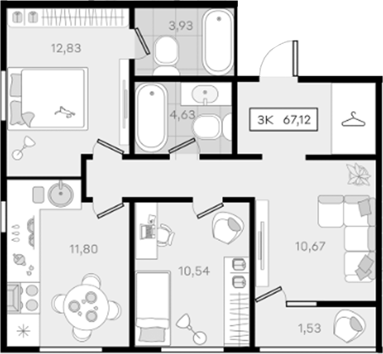 3-комн., 65.59 м², 4/8 этаж, ЖК «История 3»